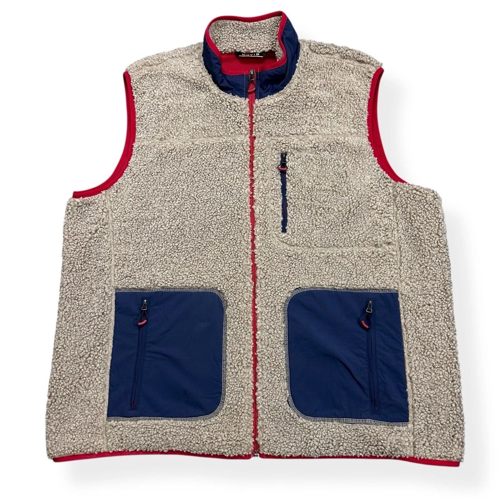 Orvis Mad River High Pile Sherpa Fleece Full Zip Vest Men’s 2XL Tan Navy Red