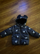Disney Mickey Mouse Toddler Black Puffer Jacket Coat Hoodie w/ Ears