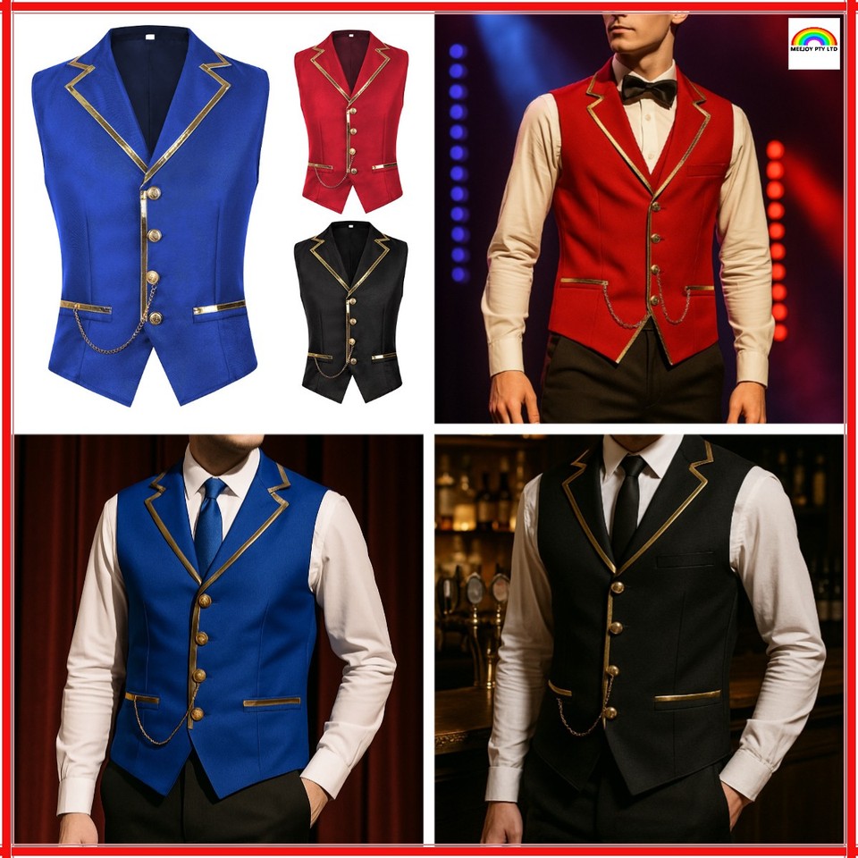 Men’s Fashion Chain Suit Vest – Waistcoat with Gold Trim Buttons Red Blue Black 