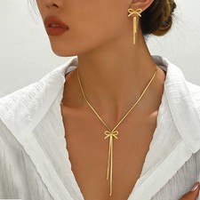 Bow Tassel Jewelry Set Stainless Steel Collar Chain Matching Necklace Earrings