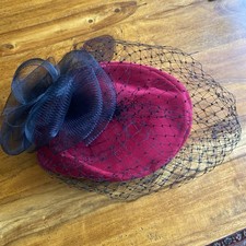 Vintage Deep Red N Black, Veil & Net Box Hat, 80s