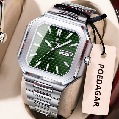   POEDAGAR Quadrat Uhr Grünes Zifferblatt Quartz Edelstahl Datum Luminous Neu  