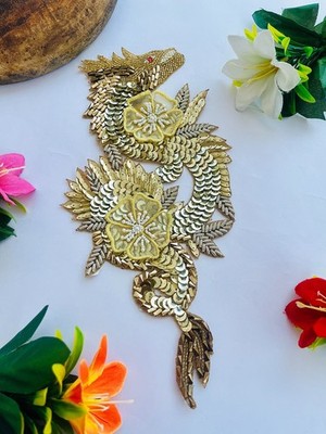 Handmade Zardozi Patch: Soft Gold Dragon Applique