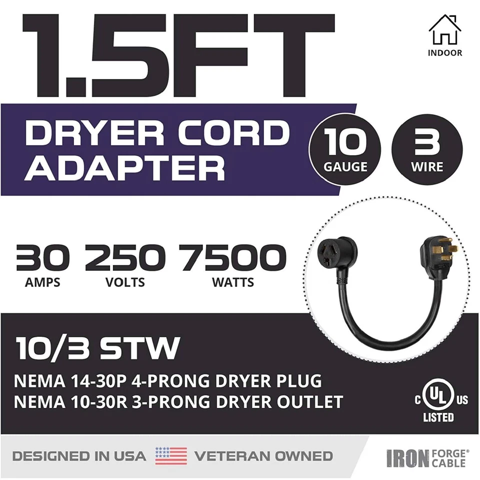 3 Prong to 4 Prong Dryer Plug Adapters -10/4 STW 1.5 Ft Black Outlet Adapter - Image 2 of 4