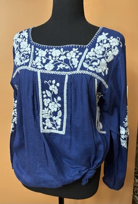 Roberta Roller Rabbit Embroidered Blue Peasant Boho Flowy Top Shirt Small