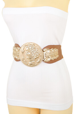 Women Brown Color Wide Elastic Belt Hip Waist Gold Metal  display picture 1