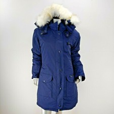 Love Your Melon Womens Size L Parka Jacket Hooded Fur Trim Winter Coat Navy Blue
