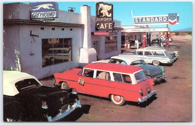 Postcard CA Desert Center Cafe Greyhound Bus Standard Gas 1955 Ford Wagon B04