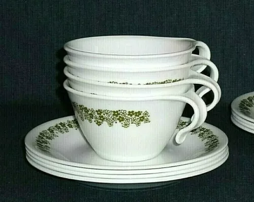 4 Hook Handle Coffee Cups & Saucers Corelle Corning CRAZY DAISY / Spring Blossom