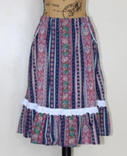 Vintage Boho Handmade Cotton Floral Prairie A-Line Midi Skirt Women's S