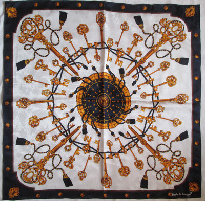 Foulard Vintage En Soie NICOLE DE BEAUVON "Les Clefs" | 86x86 Cm | Bleu Nuit | Occasion En Bon état
