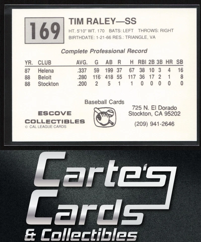 Tim Raley 1989 Cal League #169 Stockton Ports - Image 2 of 2