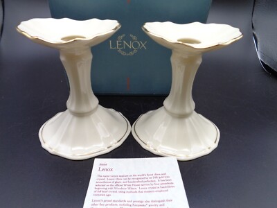 Pair Lenox Symphony Candlestick Holders with Gold Trim Made In USA New with Box