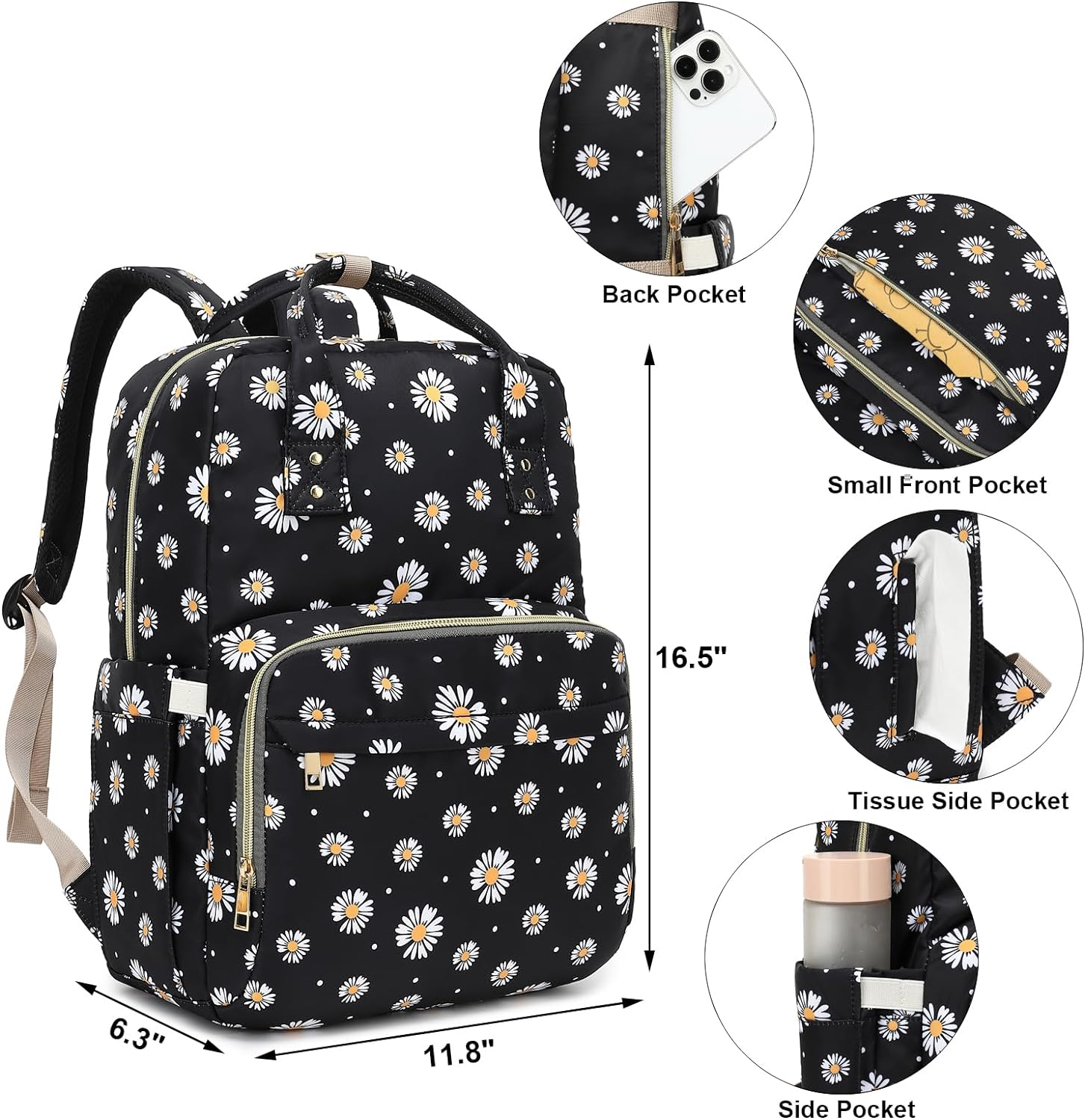 Daisy Diaper Bag Backpack for Baby Girls Boys, Waterproof Maternity
