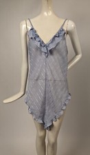 VINTAGE 1980  S BLUE STRIPED CREPE TEDDY W FRENCH CUT LEGS  RUFFLES BY BARBIZON