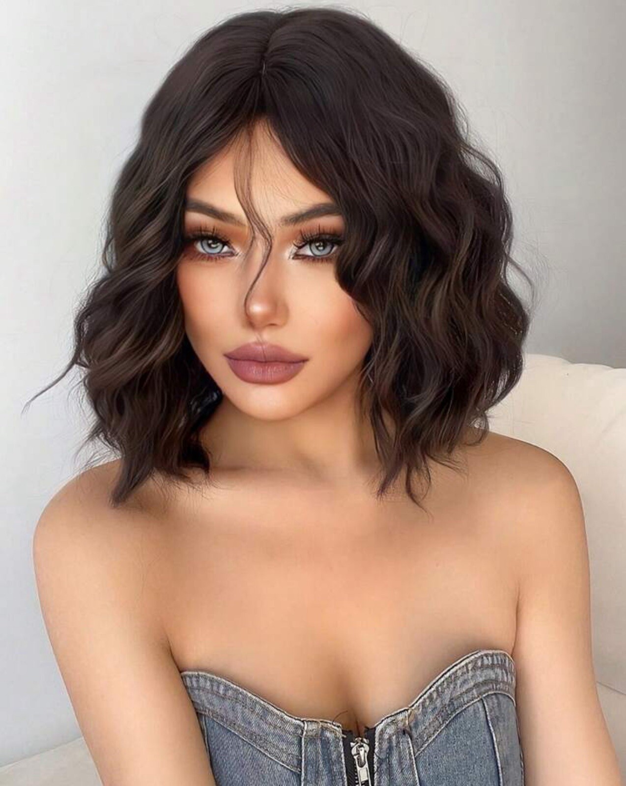 Perruque synthétique brune courte ondulée premium de la collection Nuance