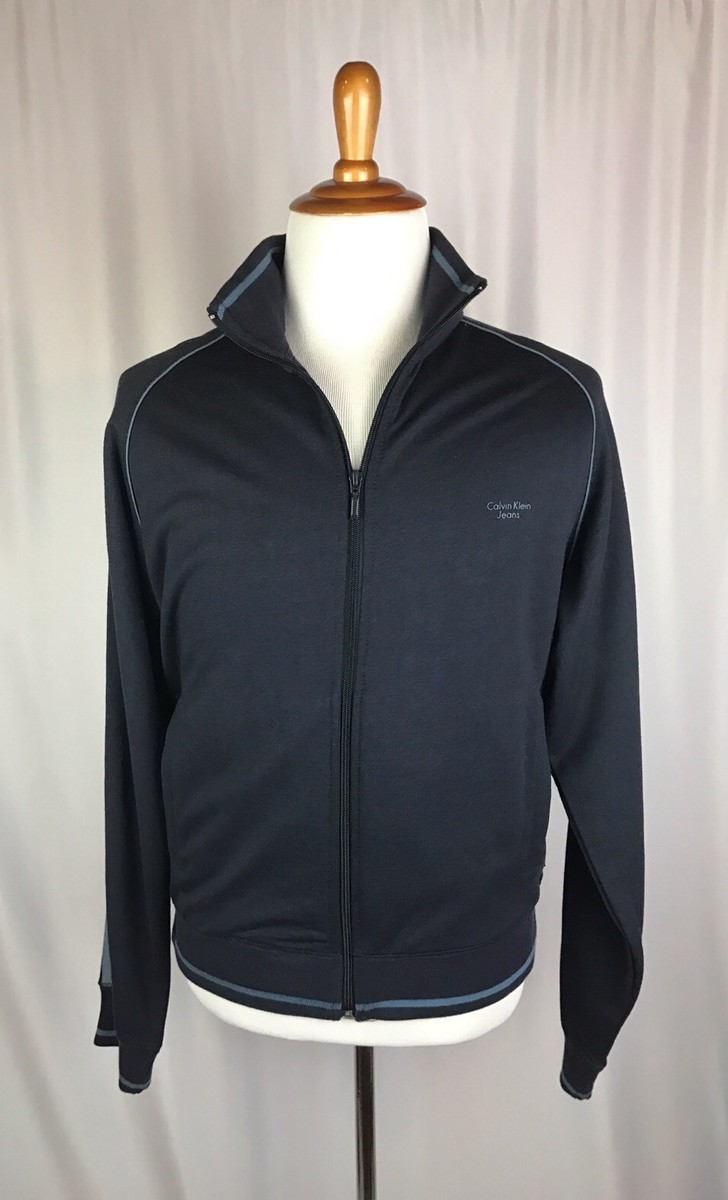 Calvin Klein Jeans Blue Navy Zip Front Knit Jacket Stripe Arm NEW