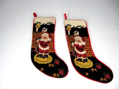 Vintage Finished Needlework Christmas Stockings Santa Gifts Country Mantle