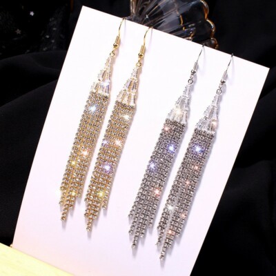 Women 925 Sterling Silver Tassel Earrings Prom Wedding Party Bling Shine  0461 - Main Image