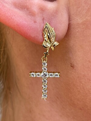 14k Gold Plated Real 925 Sterling Silver Praying Hands Cross Dangle Earrings