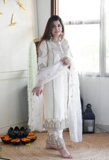 WHITE PURE CHINNON SILK SALWAR KAMEEZ WITH DUPATTA FOR WOMEN  GIRLS