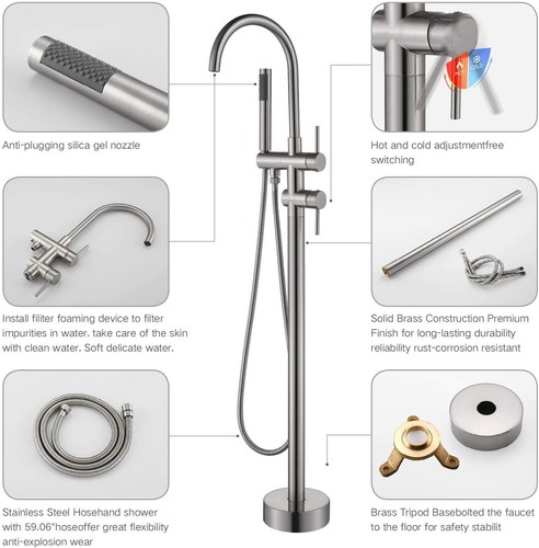 Tub Filler Freestanding Bathtub Faucet Floor Mounted Bathroom with Hand Shower - Picture 84 of 132