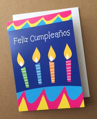 Bunte Happy Birthday Karte auf Spanisch Felìz Cumpleaños Kuchen & Kerze - C108
