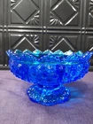 Vintage Fenton Colonial Blue Glass 6 Candle Holder Bowl, Hobnail, Crown Top
