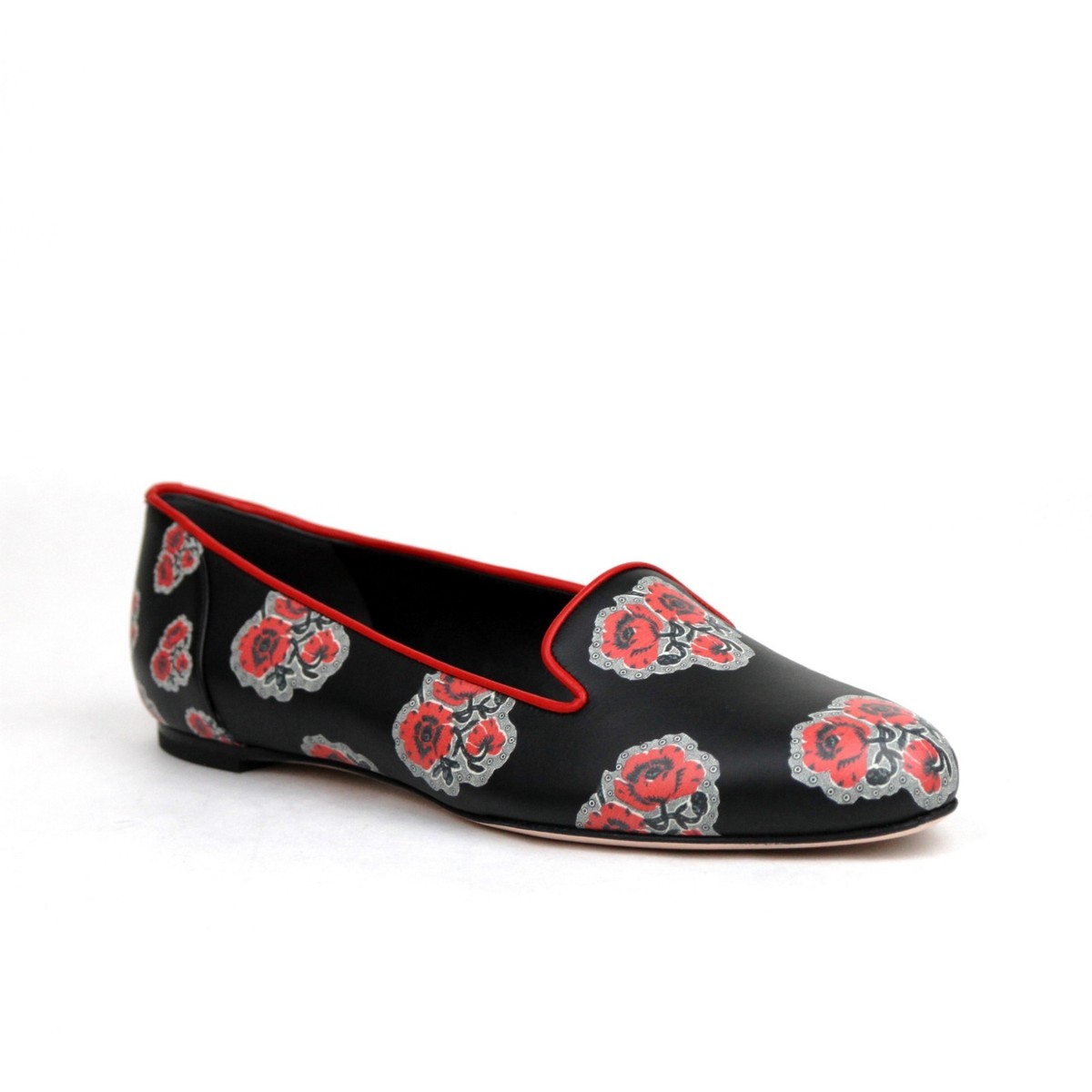 アレックス $760 Alexander McQueen Women's Black Leather Rose Flats Loafer