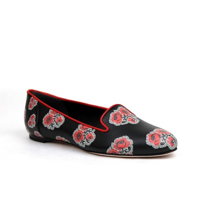 $760 Alexander McQueen Women's Black Leather Rose Flats Loafer Shoes 462229 1091