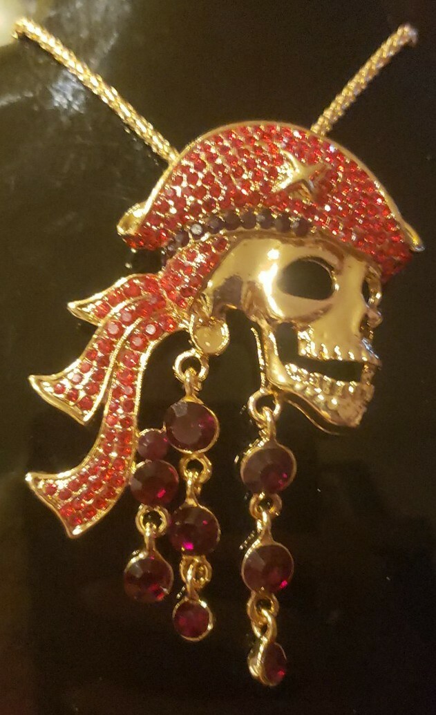 Betsey Johnson Pirate Skull Red Rhinestone Necklace /Pin
