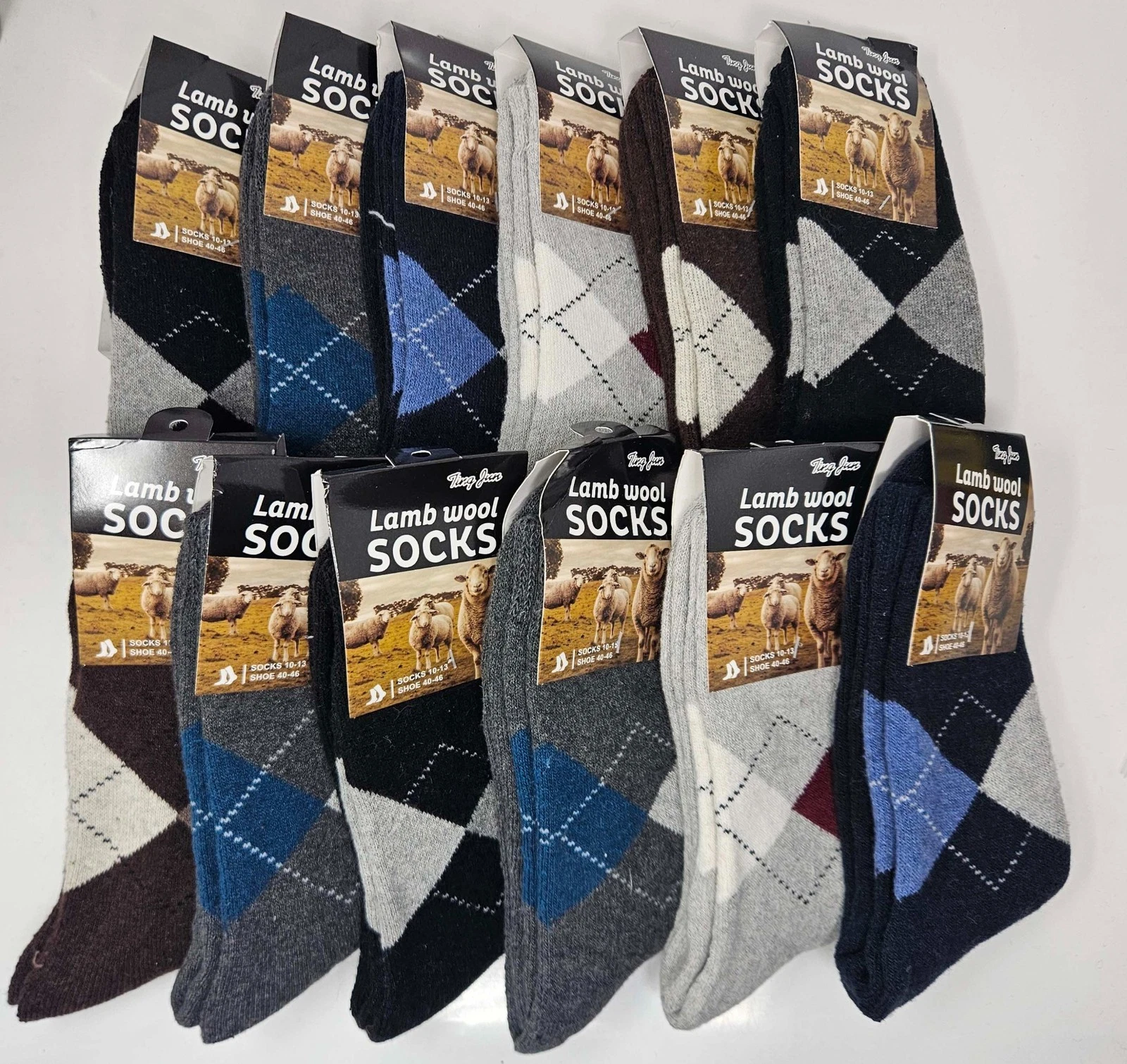 Men Lamb Wool Crew Socks 12 Pack Size 10-13, Assorted Argyle Prints, Warm Winter
