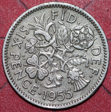 Great Britain 1955 6 Pence,Leek Rose Thistle and Shamrock-Foreign Coin 19.5mm(I)