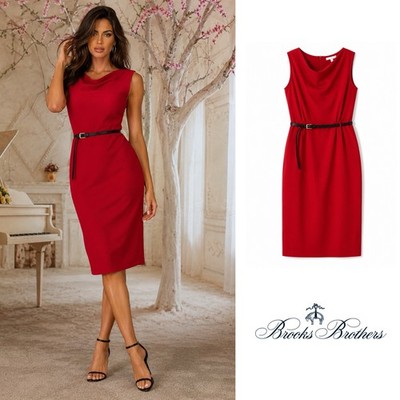 NEW Brooks Brothers Red Sleeveless Sheath Dress with Slim Black Belt Sz 6