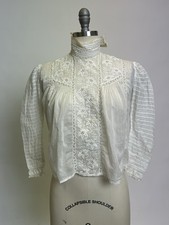 Antique Edwardian White Cotton Floral Lily Embroidered Blouse with long sleeves