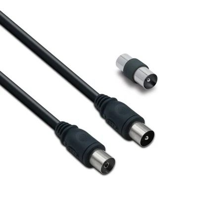 Câble TV coaxial 9,52 mm mâle/fem.+adaptateur mâle/mâle 2 m - noir - Photo 1/3