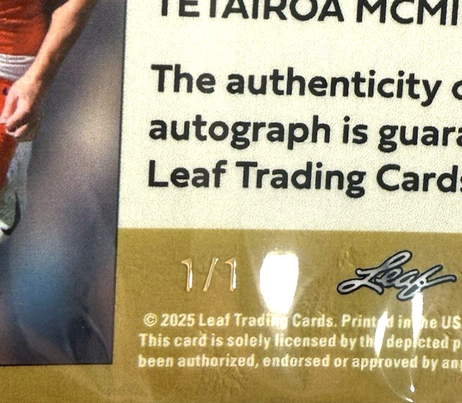 2025 Leaf Metal Football 92 Leaf LGR Galaxy Prismatic Auto 1/1 Tetairoa McMillan view 3