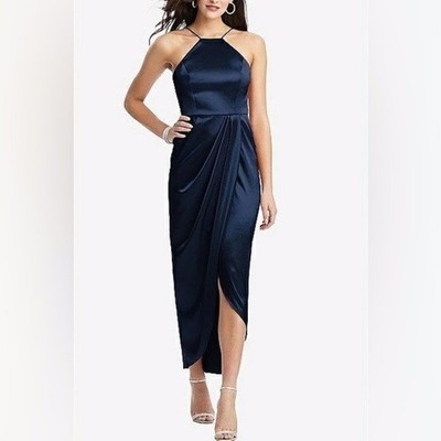 NEW After Six Midnight Blue Stretch Charmeuse Halter Tulip Midi Dress Size 12R