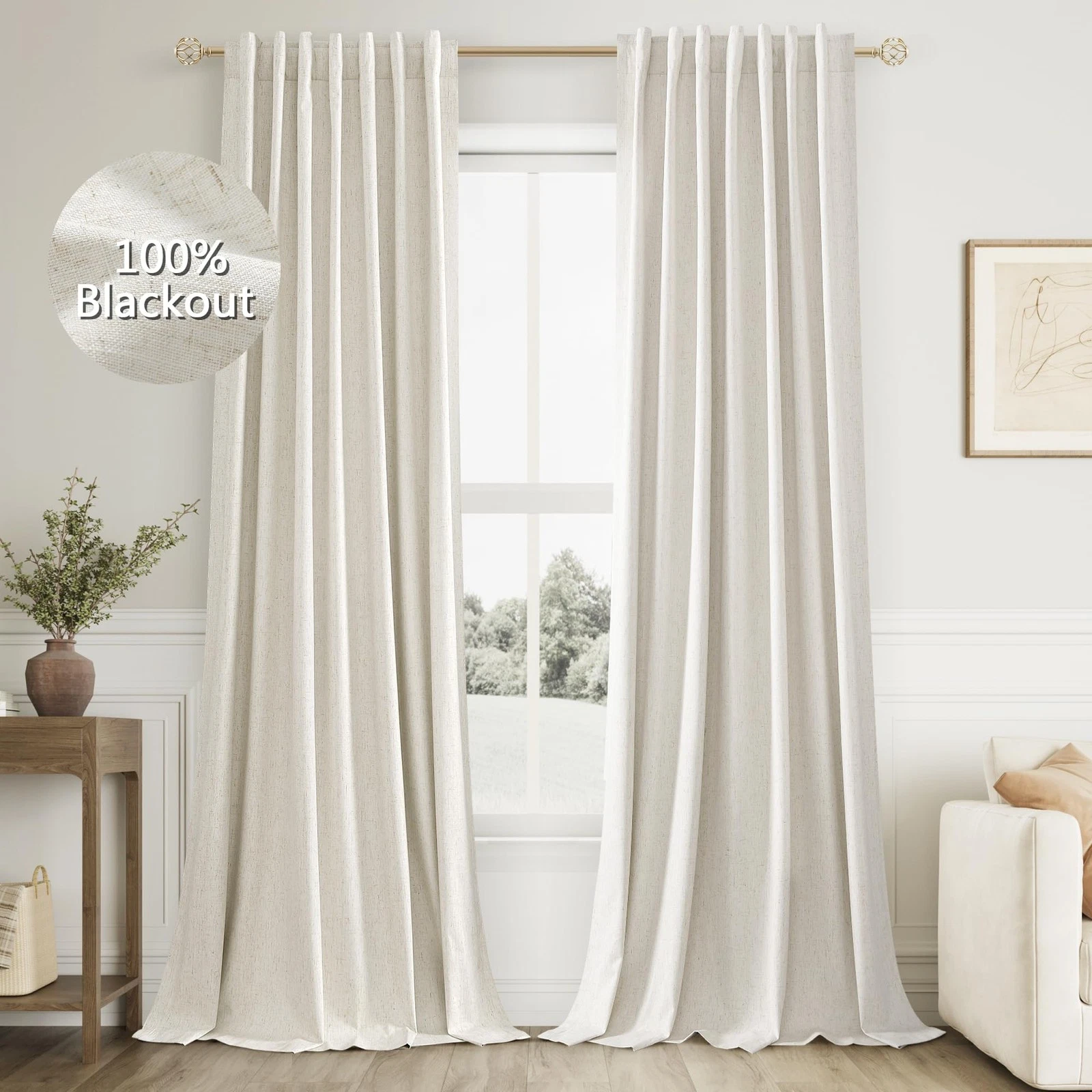 Cream 100% Blackout Linen Curtains 96 Inch Length 2 Panels Set for Living Roo...