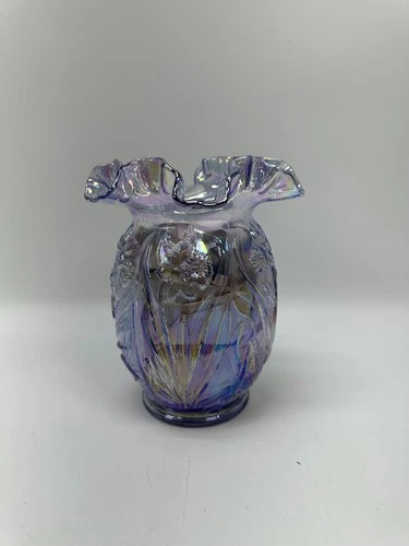 Fenton Opalescent Light Blue 8" Tall Vase with Daffodils Rare Glass Collectible