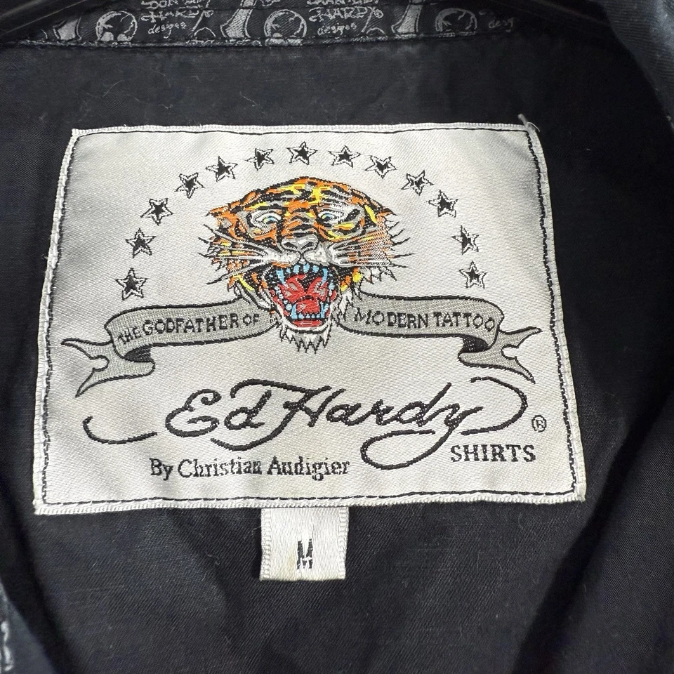 Camisa De Colección Y2k Ed Hardy Negra Bordada Perla A Presión Manga Larga 2000 Talla M Foto 3 de 4