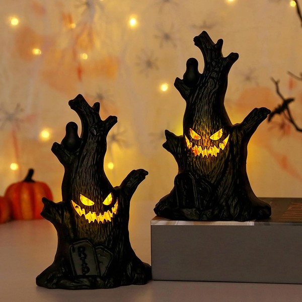 Halloween Deko Geister Baumstumpf LED Licht 2 StüCk Batteriebetrieben Figuren-image