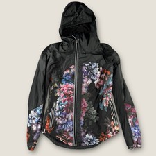 Lululemon Womens Black Floral Hooded Running Windbreaker Jacket Full Zip