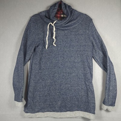 12PM By Mon Ami Sweater Womens Medium Blue Cowl Neck Tunic Plaid Lined Top