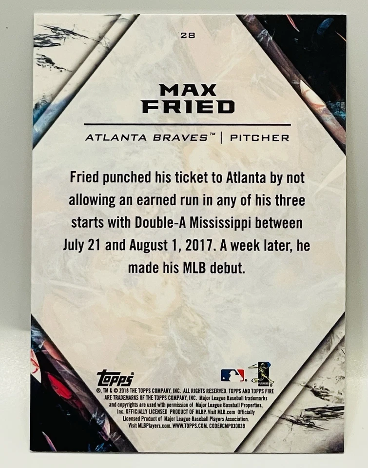 Max Fried RC *Flame* 2018 Topps Fire #28 Atlanta Braves - New York Yankees MLB - Image 3 of 3