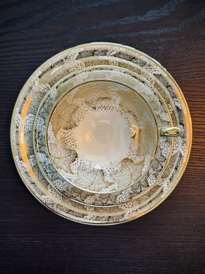 Vintage Bavaria Elfenbein Porzellan Tea Trio Gold Maple Leaf Cup Saucer Plate