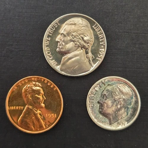 1951 Proof Set Partial with rainbow Dime, Nickel, and Cent PQ scarce