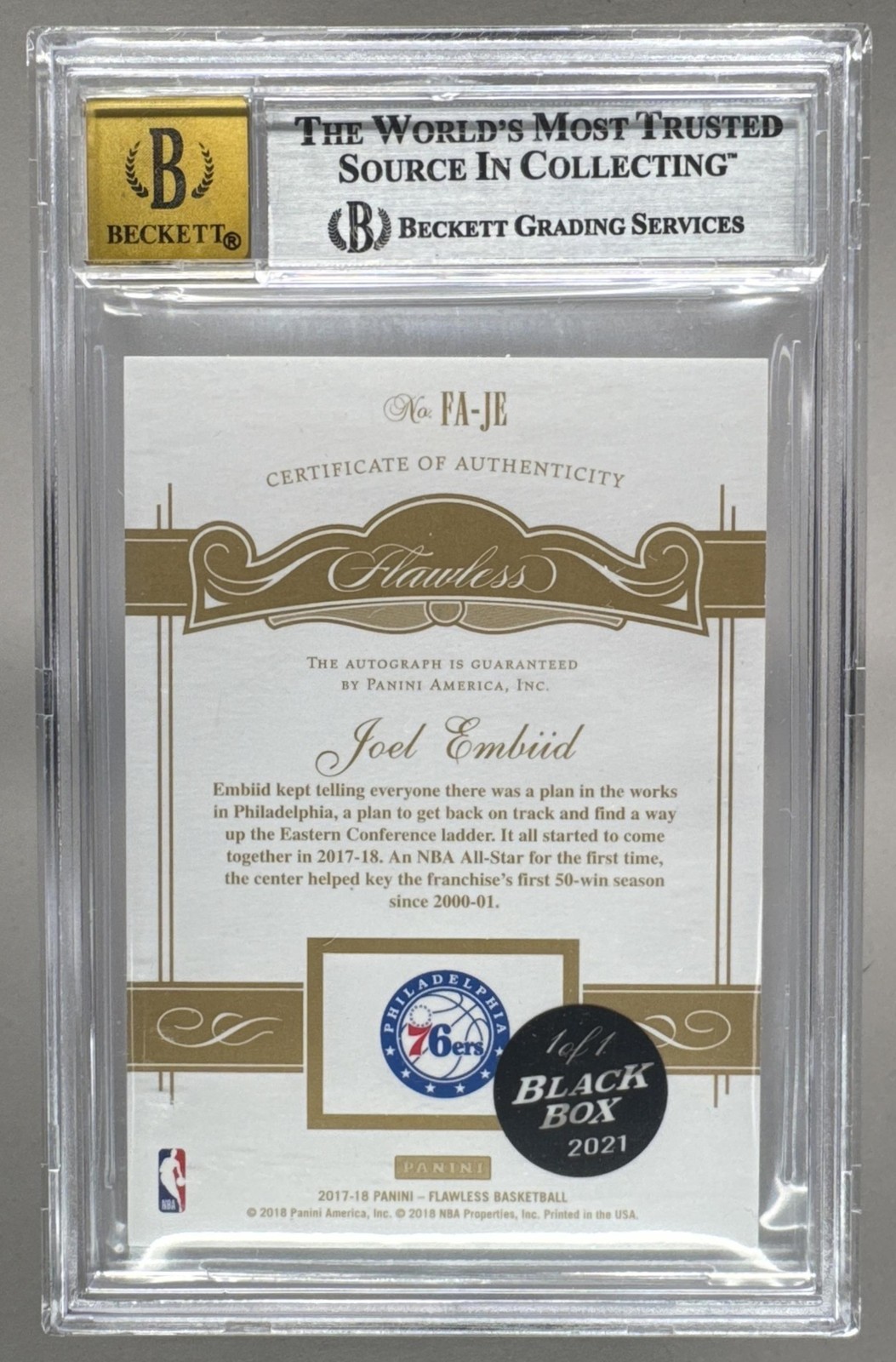 Joel Embiid 2021 Panini Black Box 2017 Flawless Platinum Auto 1/1 BGS 8.5/10 view 2