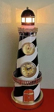 Vintage Lighthouse Clock & Thermometer-Lights Up & Plays Music-Hidden Drawer