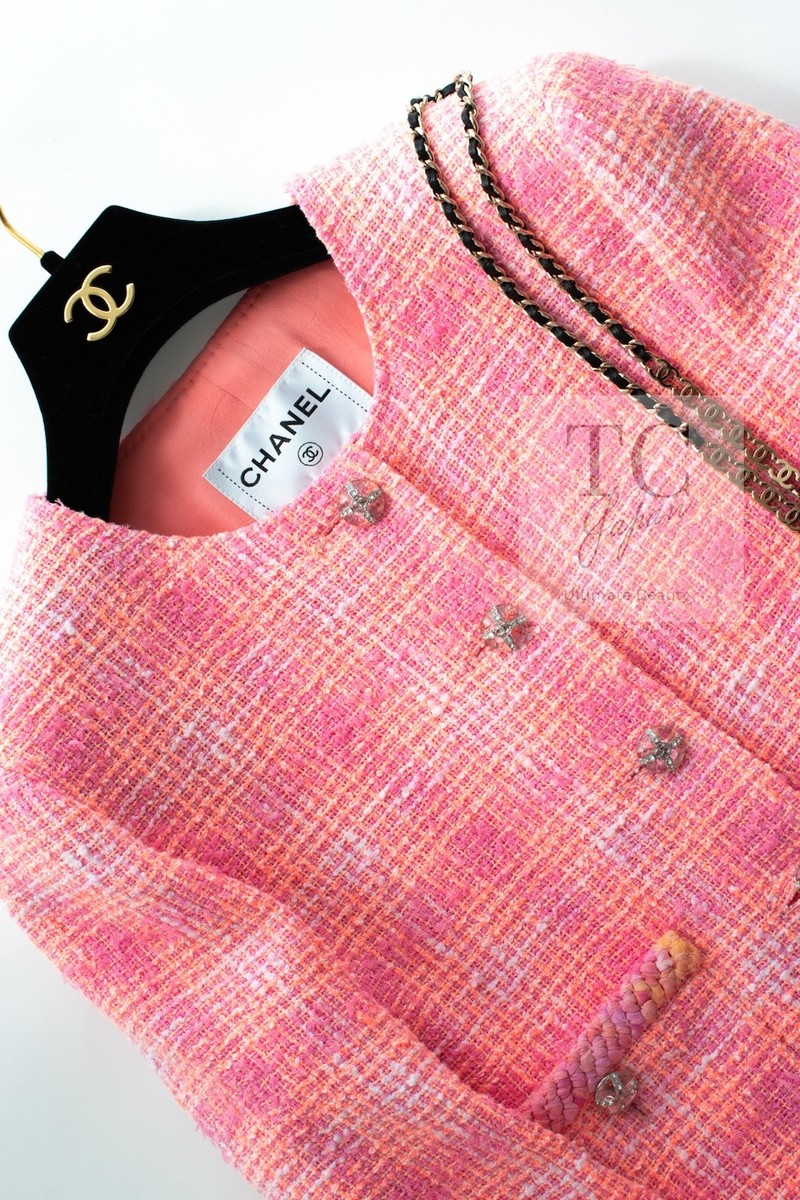 CHANEL 24C Pink Orange Collarless Runway Tweed Jacket COCO Buttons